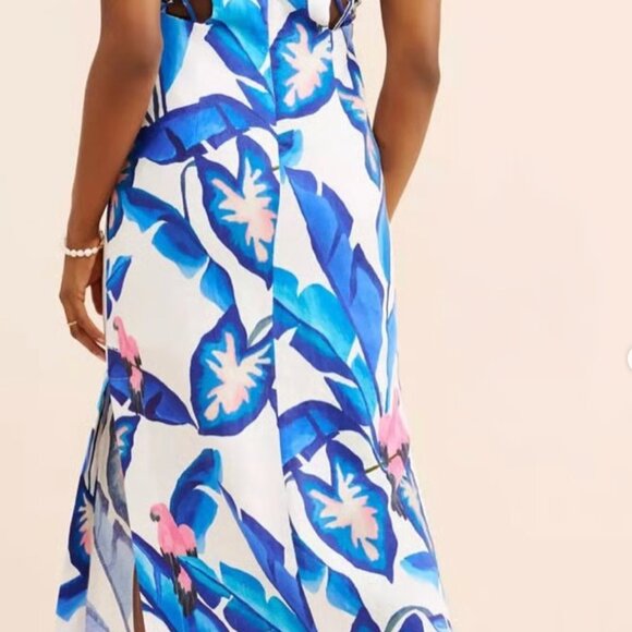 Farm Rio Blue Foliage Linen Laced Front Maxi Dress - Picture 2 of 5